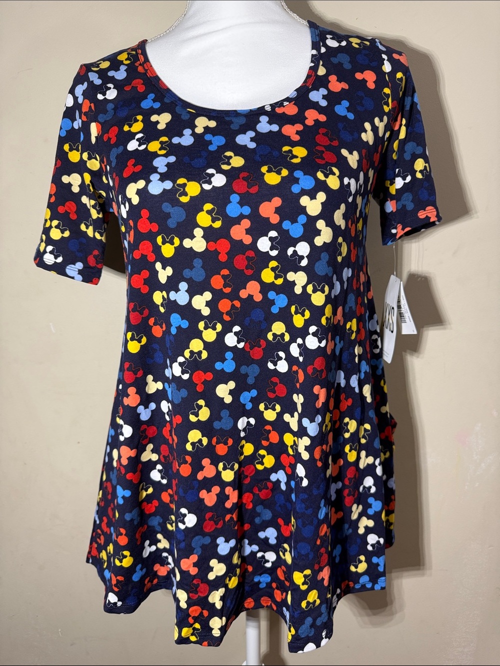LuLaRoe Navy Scoop Neck Tunic with Multicolor Mickey-Style Print Disney